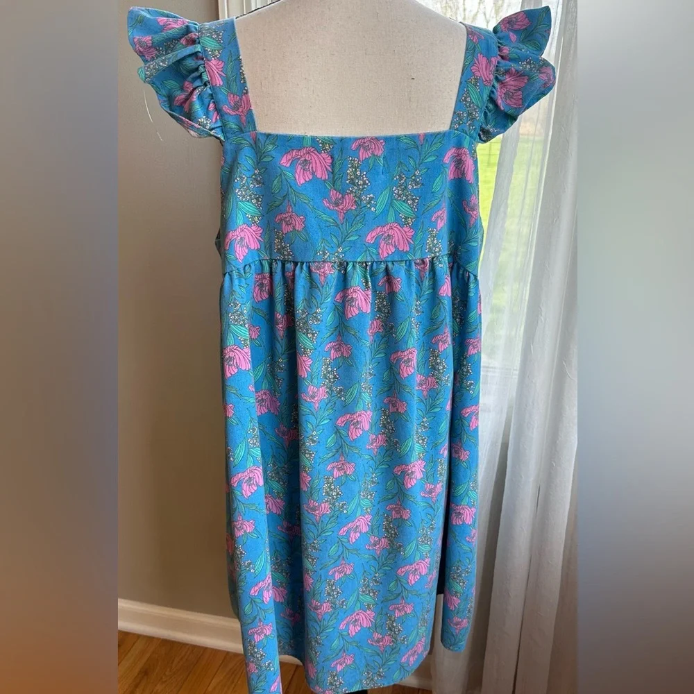 Impressions TURN AWAY FLORAL DRESS blue floral Flutter Sleeves Square Neckline - Picture 6 of 9